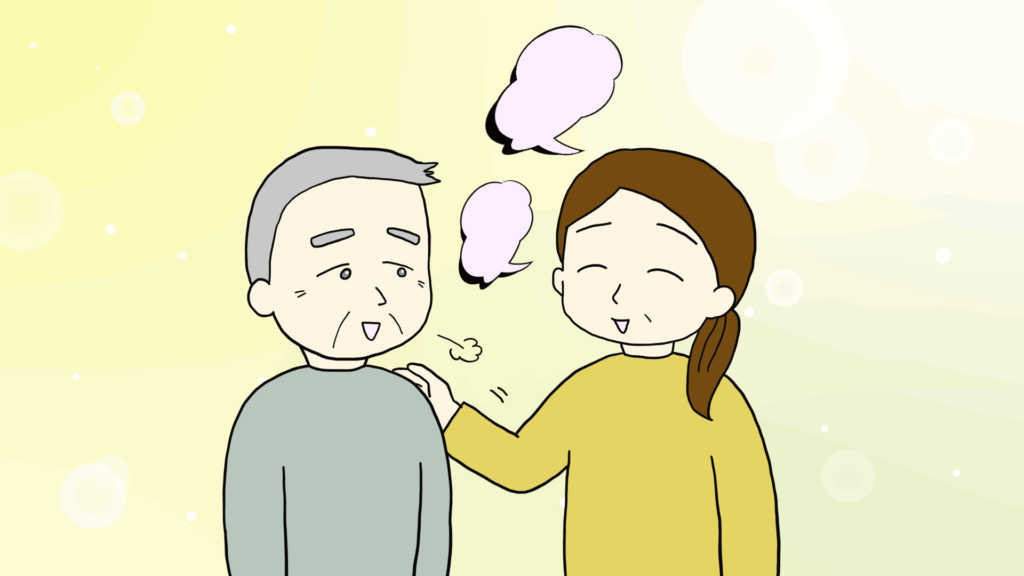 娘が父親の肩にそっと手を置き、やさしく話しかけているイラスト
