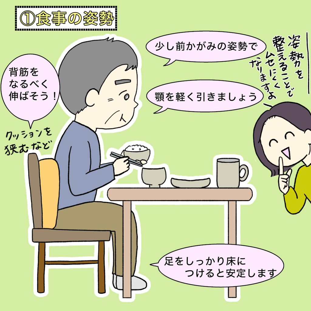 食事中の正しい姿勢を示すイラスト
